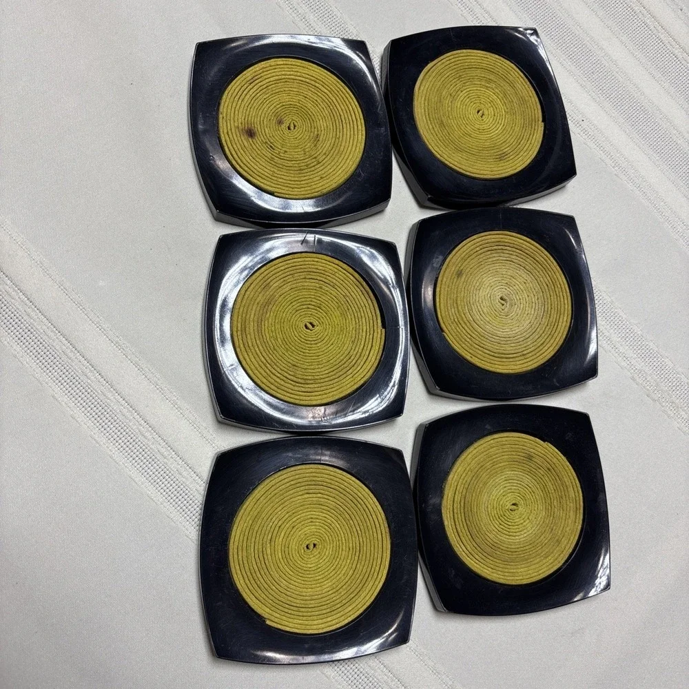 Vintage MCM Mid Century Set of 6 Plastic Drink Coasters Black Yellow